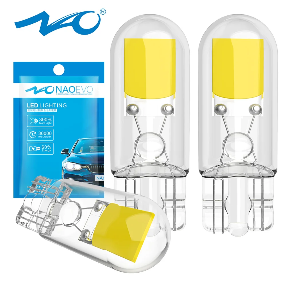 NAO W5W T10 LED Light For Car Interior Lamp 5W5 12V 6500K 194 168 COB Glass Auto Indicator License Plates Dome Map Reading Bulb