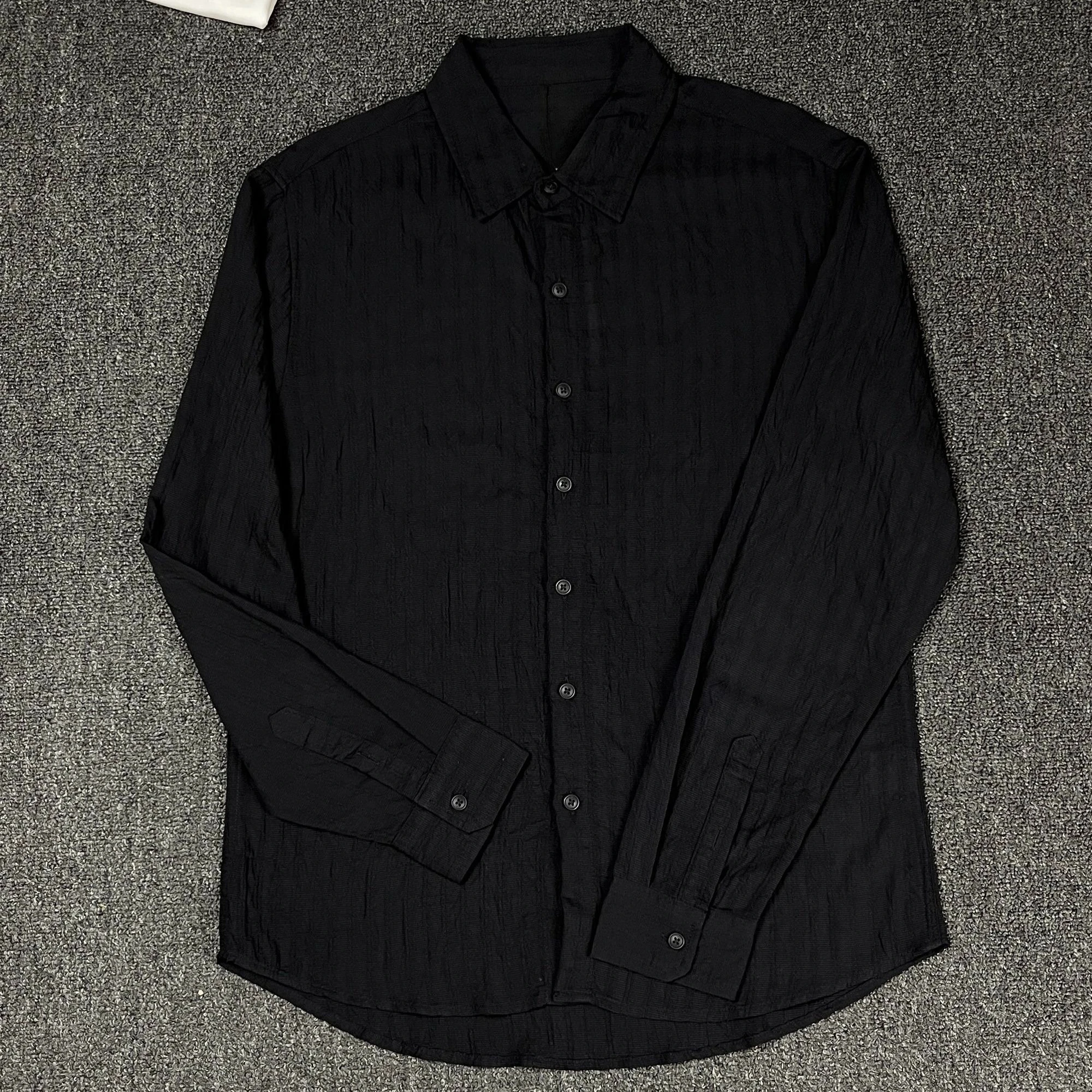Spring Summer Men Lapel Collar Long‑Sleeve Shirt Vertical Textured Stripe Loose Lightweight Breathable Casual Top For Daily