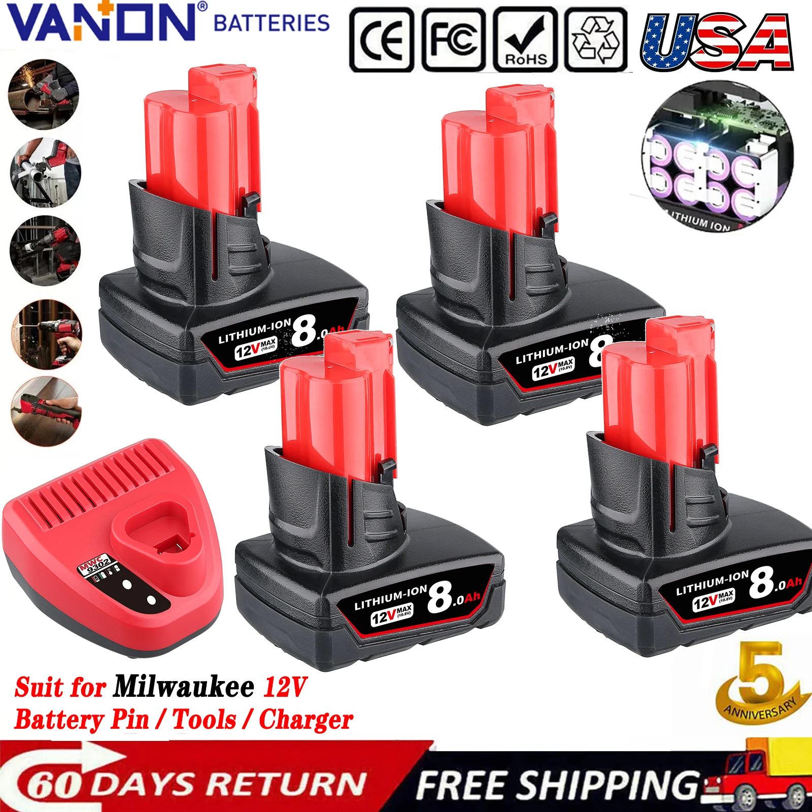 

VANON 1/2/4Pcs 8.0Ah 12V Li-on Replace for Milwaukee M12 Battery Pin Li-on 48-11-2401 48-11-2412 48-11-2411 with 2A N12 Charger