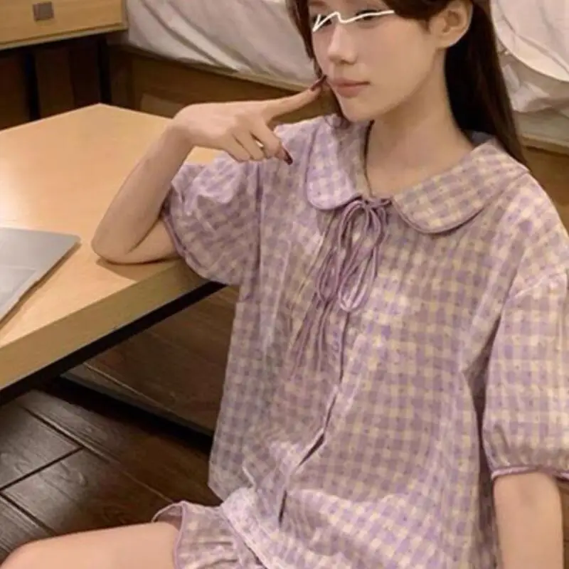 New Sweet Kawaii Women's Comfortable Sleepwear Summer Short Sleeved Shorts Cartoon Student Home Clothes Youth Set Loose Soft