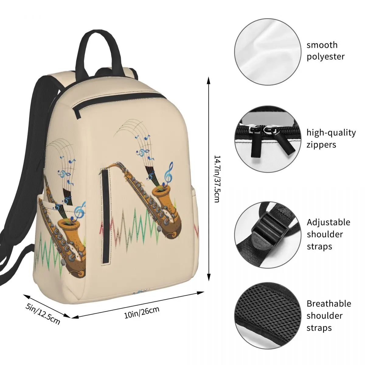 Saxophonist Jazz Musician Instrument Saxophone Classic T-Shirt46 Backpack Student BookBag Boys Girls School Bag Computer