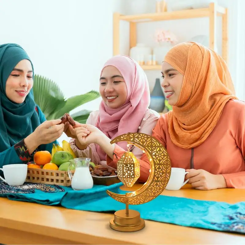 عيد مبارك نجمة القمر ضوء الحديد جوفاء الزخرفية ضوء الليل بطارية تعمل بالطاقة الحديد جوفاء جو مصباح زينة رمضان