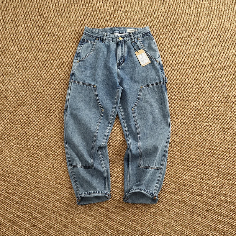 الرجعية الأمريكية سجل قطع الجينز الرجال فضفاض مستقيم الساق مدبب الدنيم السراويل العصرية يغرق المرقعة السراويل الطويلة