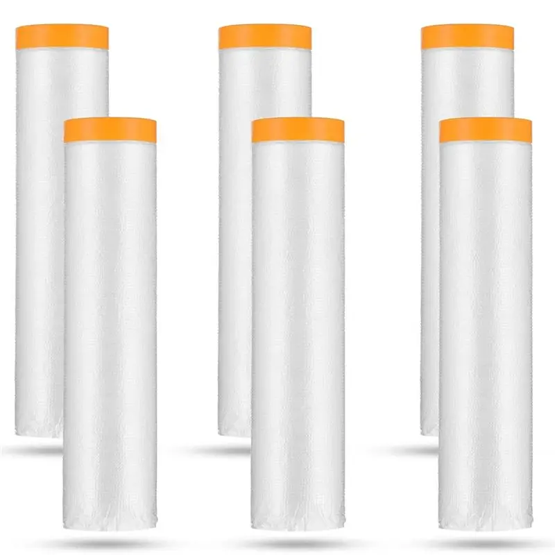 AEE4-6 Rolls Painters Plastic With Tape, Pre-Taped Masking Film, Automotive Best Tape And Drape,For Covering Skirting
