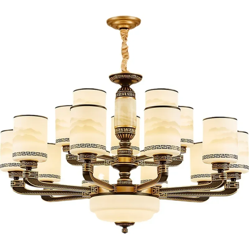 Modern Chinese Style Jade Chandelier for Living Room Villa Hotel Lobby Duplex Mid Floor Restaurant Simple Pendant Light