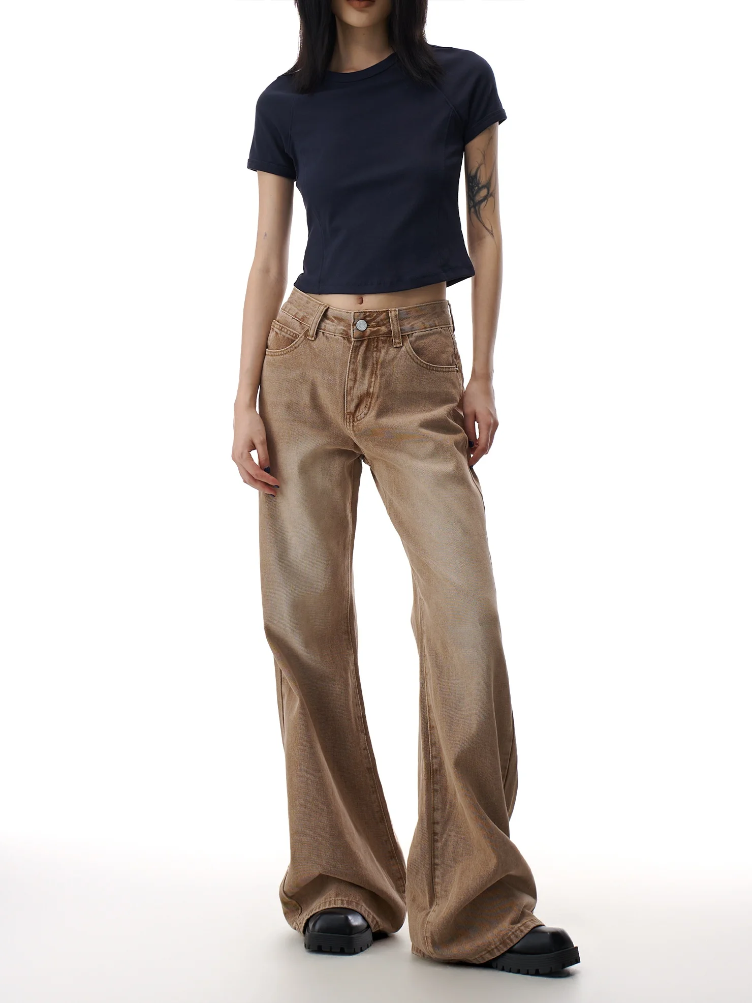 

Kaki Color Retro Flared Jeans Women's Spring New Style American Hot Girl Slimming Non-Matching Leg Flared Pants