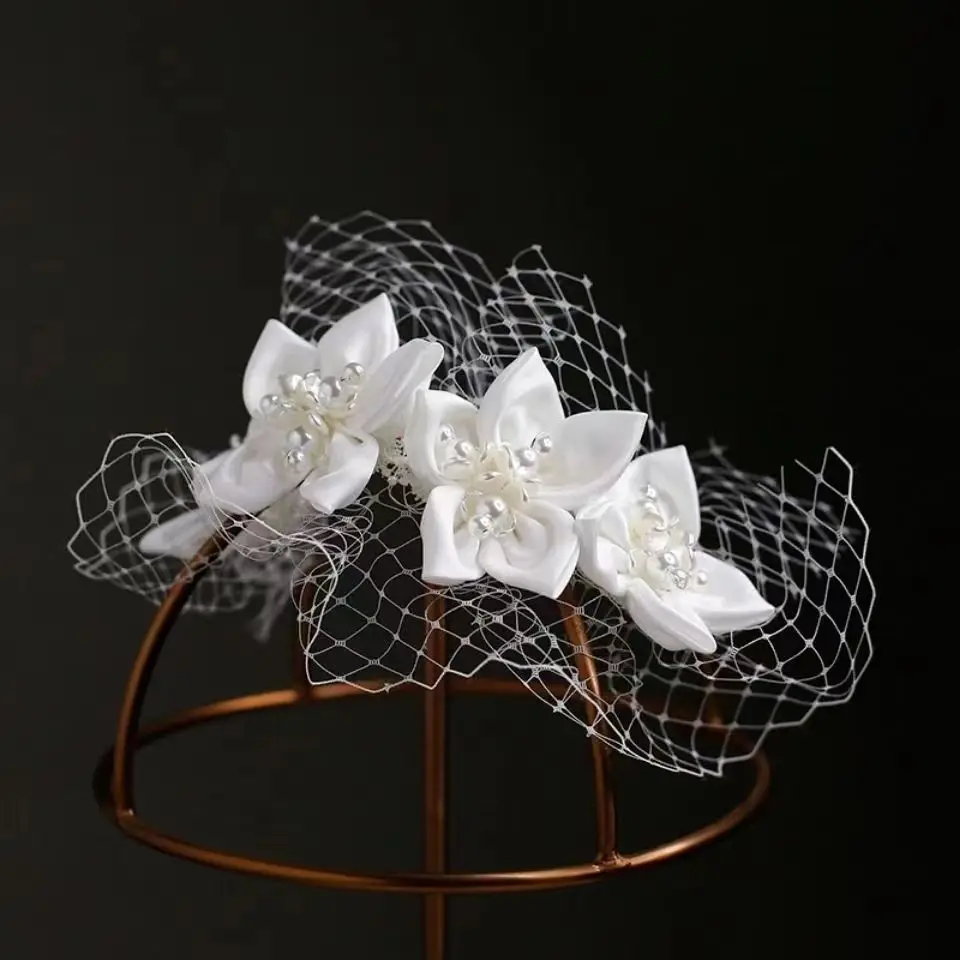 Diadema de tul con flor de perla francesa para mujer, Tiara de flores elegante, accesorios para el cabello para novia y boda