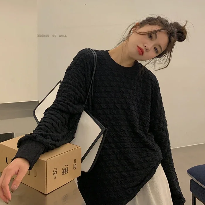 Women Autumn Winter Textured Jacquard Sweatshirt Crew Neck Loose Casual Thickened Top