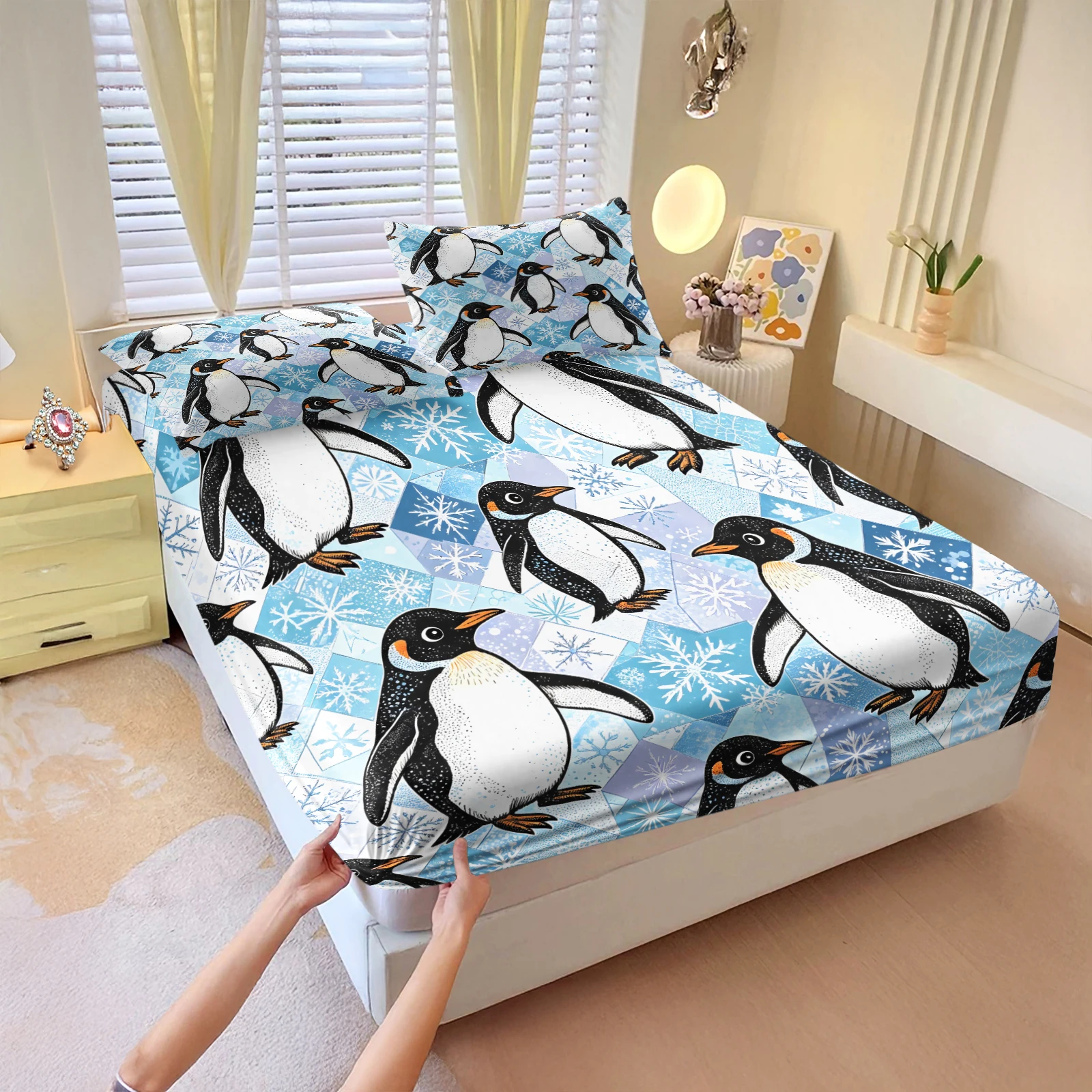 Vintage Sketch Penguin Fitted Sheet Set Geometric Blue Snowflake Print Soft Deep Pocket Elastic Mattress Cover with Pillowcases