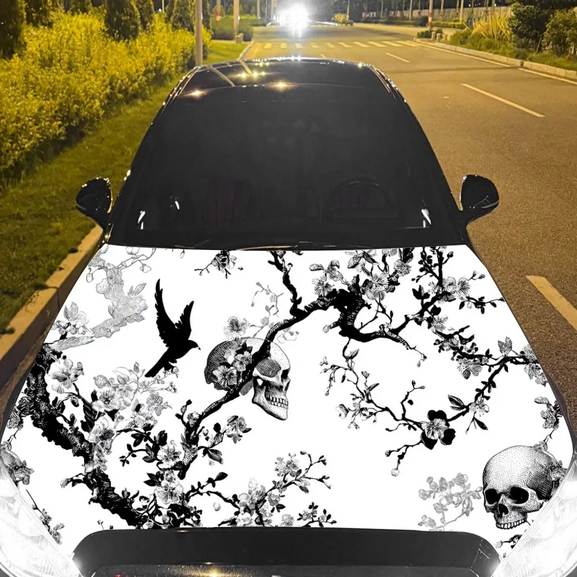 Car Decal Skull with Birds & Floral Motif in Monochrome Design - Edgy Artistic Dark Fantasy Aesthetic Car Hood Sticker, Waterpro