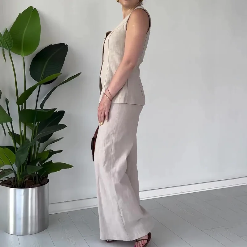 แฟชั่นแขนกุดสีทึบเสื้อกั๊ก Top Flared กางเกงชุดลําลองฤดูร้อน V คอผู้หญิงเดินทางธุรกิจอย่างเป็นทางการเสื้อผ้า