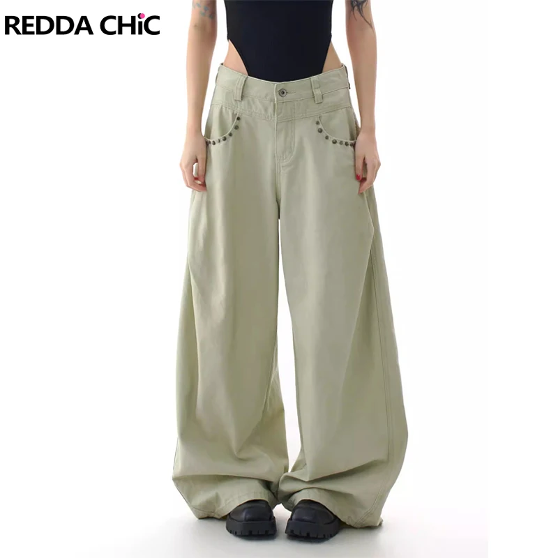 

REDDACHiC Studded Pockets Women Jeans Khaki Retro Loose Fit Pleats Plain High Waist Straight Wide Leg Pants Boyfriend Streetwear