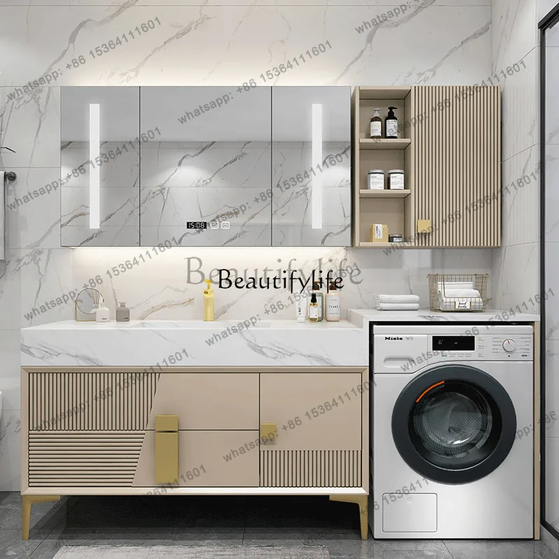Factory Direct Balcony Slate Seamless Integrated Ceramic Basin Washing Machine Cabinet Combined Bathroom Oak Wash Table