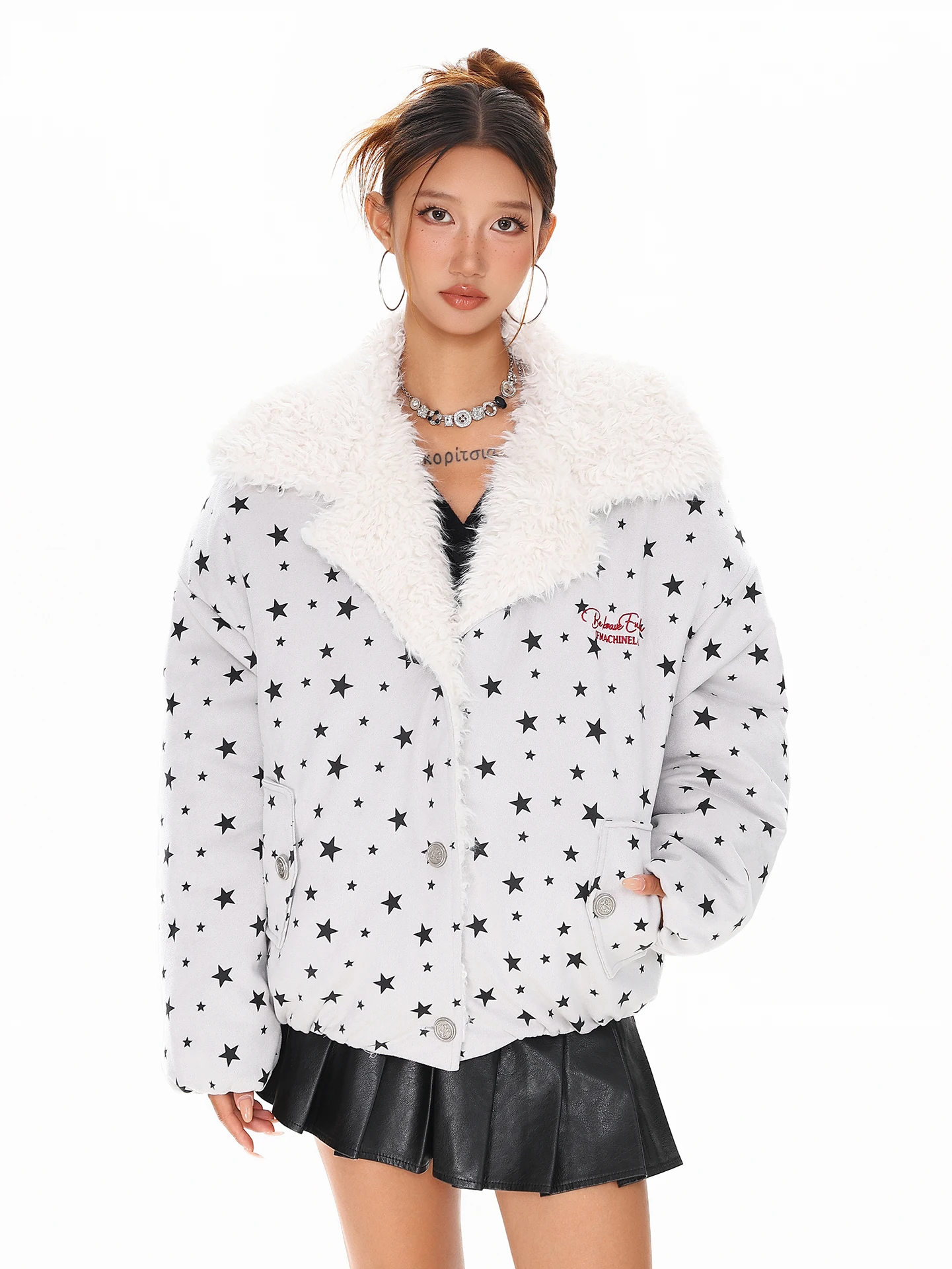 

BOEAX Women's Oversize Cotton Jaet Winter New Sle Printed Star Fur Collar Retro Sle Long Sve Regular Length Coat
