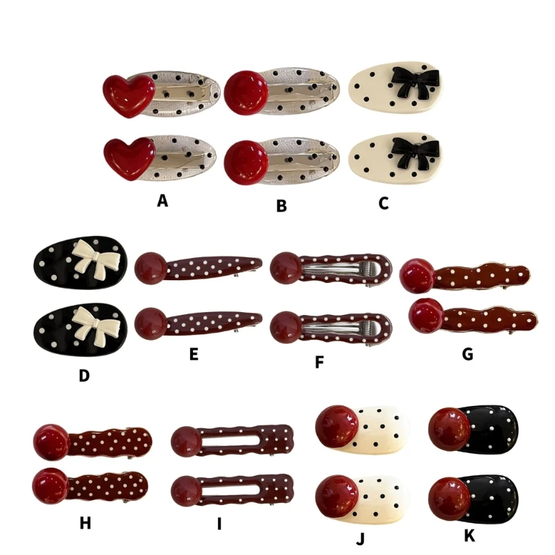 1pair Lovely Polkas Dot Heart Hair Clip Durability Alloys Hairpins Sweet Styles Hairpin for Women and Girls