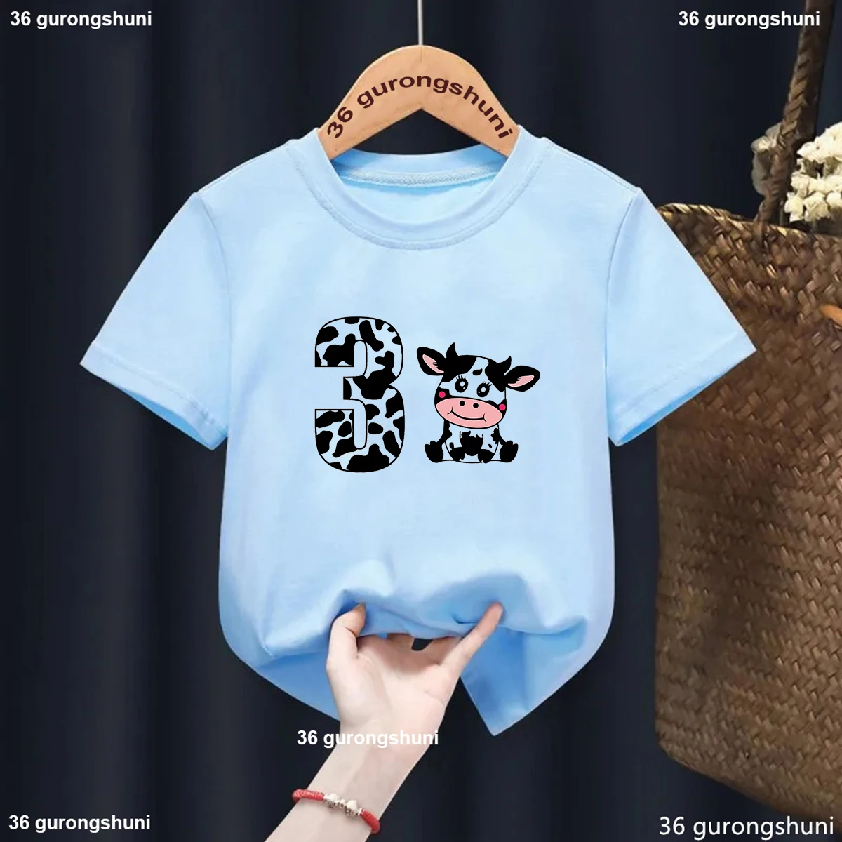 

Blue Gray Kawaii Kids Clothes 1th/2th/3th/6th Cow Graphic Printed T Shirt Girls/Boys Summer Short Sleeve T-Shirt Harajuku Shirt