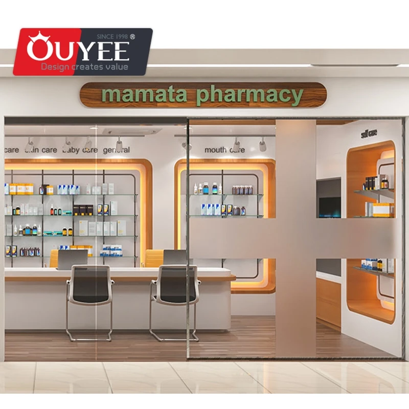 Customized-Modern Pharmacy Medical Shop Interior Layout Decoration Design Customized Cash Counter Furniture Drug Display Shelves