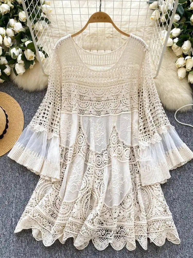 Bohemian Style Vintage Knitted Dress Women Summer Loose Hollow Hook Flower Patchwork Short Dresses Ladies Elegant Becah Robe