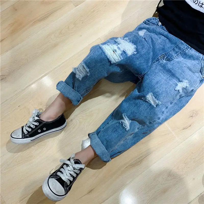 

Spring and Autumn New Jeans Baby Girl Pant Baby Boy Trousers Clothes Solid Color Ripped Jeans Children's Clothing