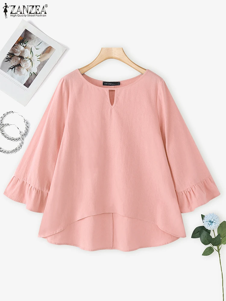 

ZANZEA 2025 Autumn Casual High-Low Blouses Womens Cutout O-Neck Cotton Blusas Mujer Stylish Ruffled Trim 3/4 Flare Sleeve Tops