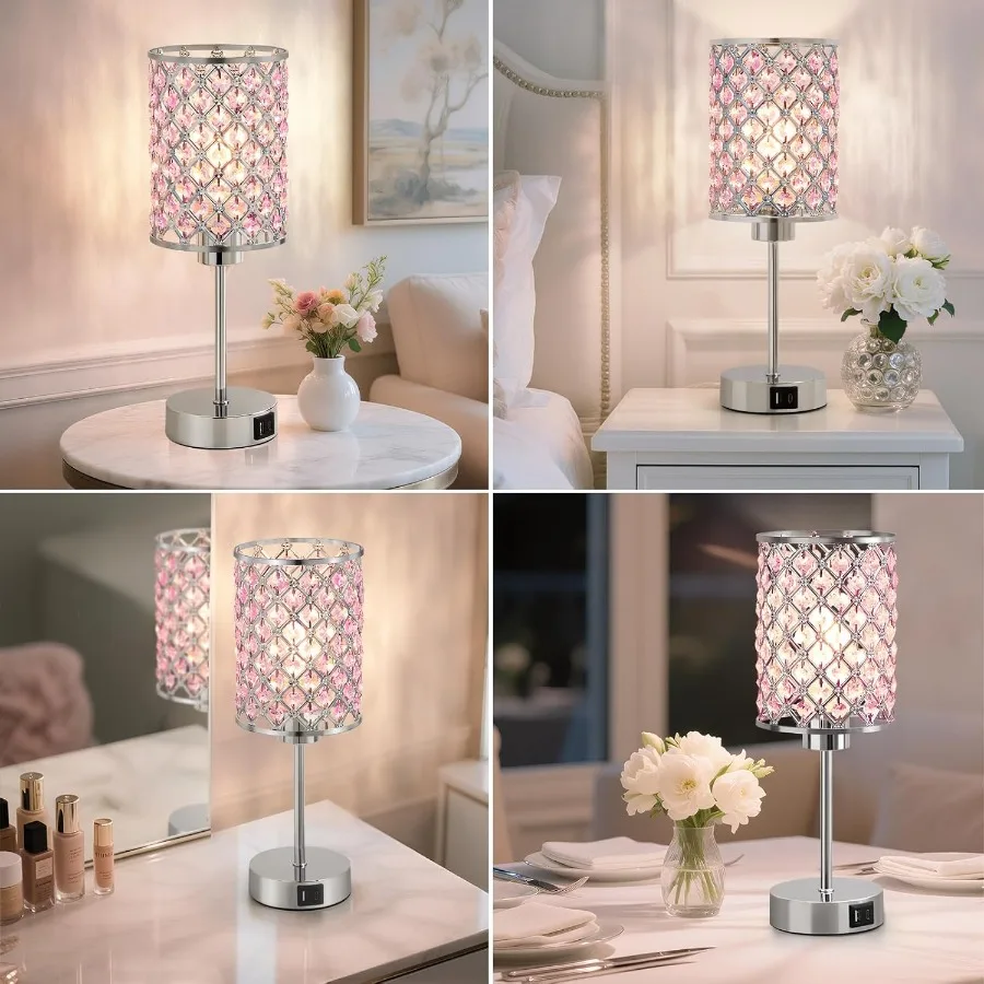 โคมไฟตั้งโต๊ะคริสตัลสีชมพู ควบคุมด้วยระบบสัมผัส พร้อมพอร์ตชาร์จ USB-C+A ปรับความสว่างได้ โคมไฟข้างเตียง โคมไฟตั้งโต๊ะขนาดเล็ก ชุด 2 ชิ้น
