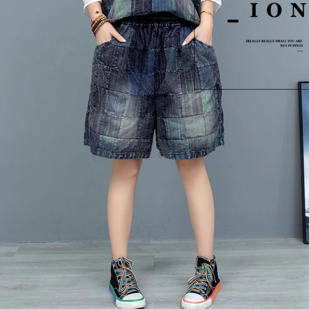 

Heavy Industry Worn Splicing Old Cloth Wide Leg Shorts Women 2024 Summer Fashion Short LX1609