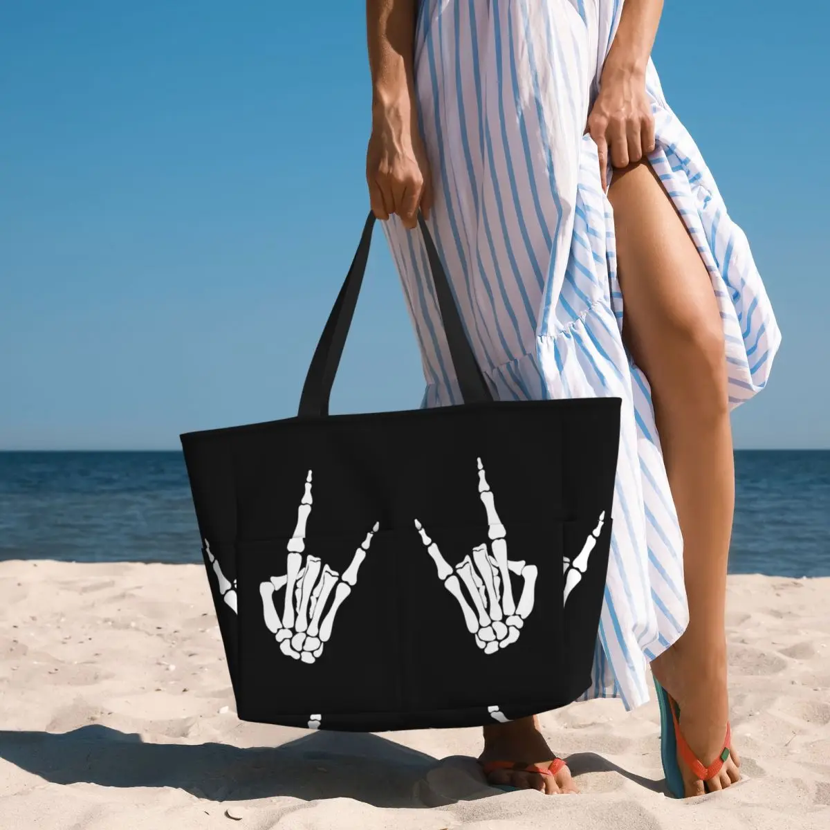 Skeleton Hands Gestures Print Beach Tote Bag Sport Gym Yoga Duffle Large Tote Bag Women Travel Bag Fitness bag