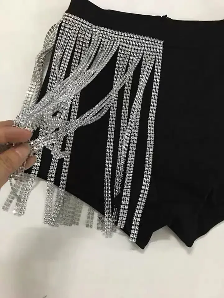 Pantalones cortos con flecos de diamantes de imitación brillantes de estilo coreano, ropa de baile callejero, Cantante Femenina, escenario, Jazz, actuación, HipHop, DWY5223