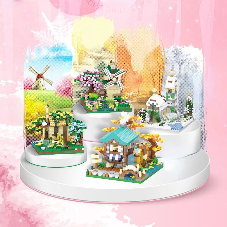 

Diamond Blocks Sakura Windmill House Micro Building Blocks Toys for Boys Girls Fishman Hut Street View Model Bricks Toys Gifts