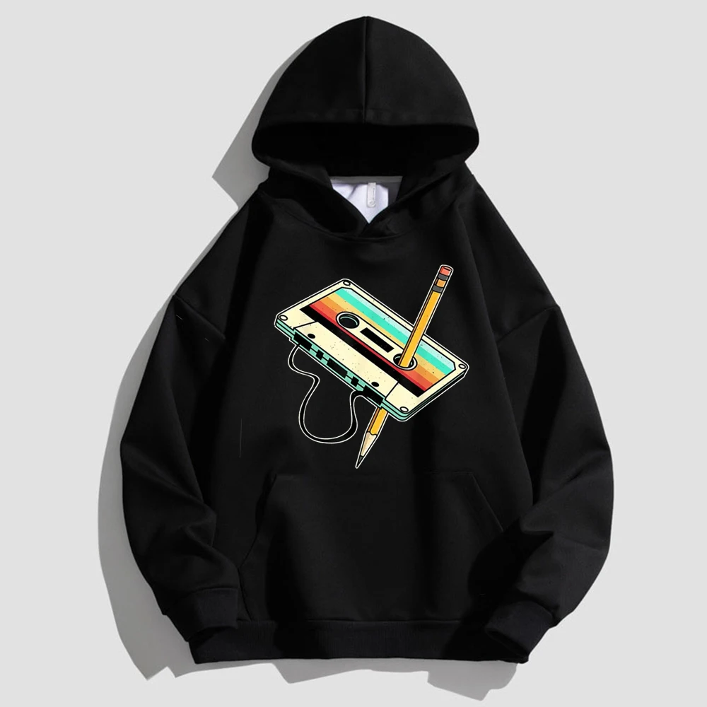 

80S Cassette Tape Pencil 1980S Retro Vintage Throwback Music Hoodie Men's Spring Fall Clothing Vintage Hooded Pullover Camisetas