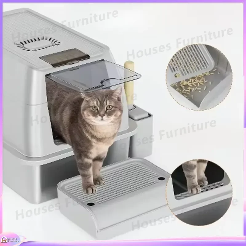 XL Oversized Closed Cat Litter Box Leak Proof Stainless Steel Easy Clean Large Covered Cat Litter Pan Removable Metal Tray