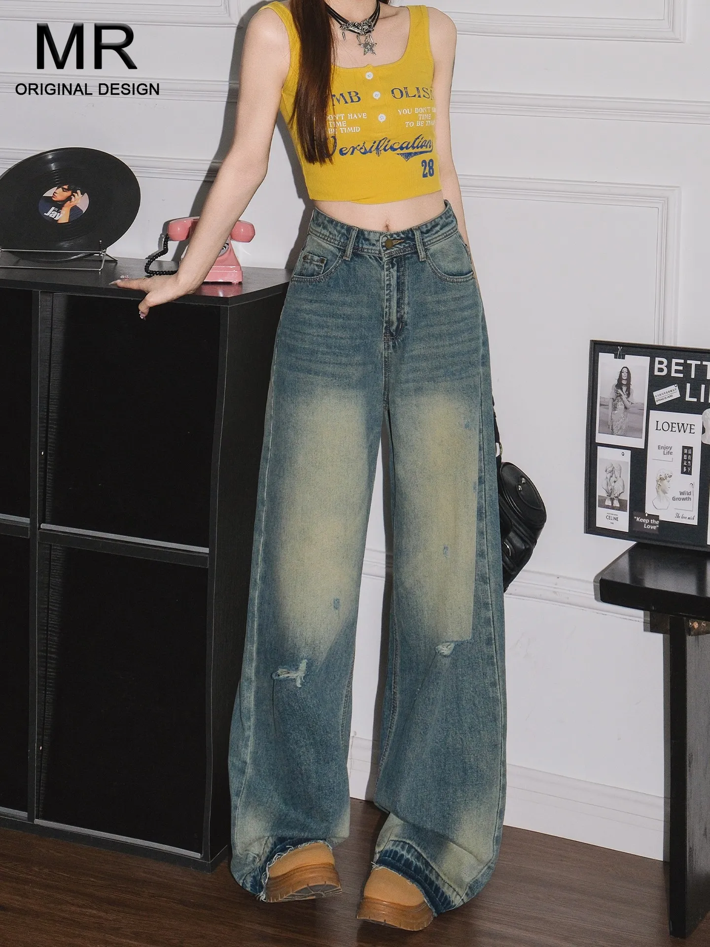 

Ретро-синие джинсы в американском стиле для девушек: широкие, с дырками, свободные, стройнящие, прямые, в пол