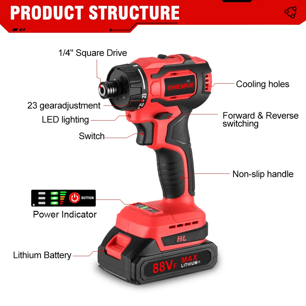 ONEVAN 23+1 Torque Brushless Electric Screwdriver Lithium Battery Rechargeable Cordless Electric Drill For Makita 18v Battery