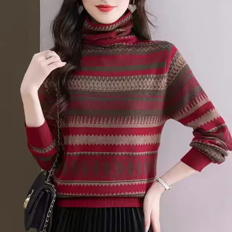 

Women's Clothing Vintage Loose Turtleneck Knitted Pullovers Autumn Winter Casual Soft Elastic Striped Sweaters