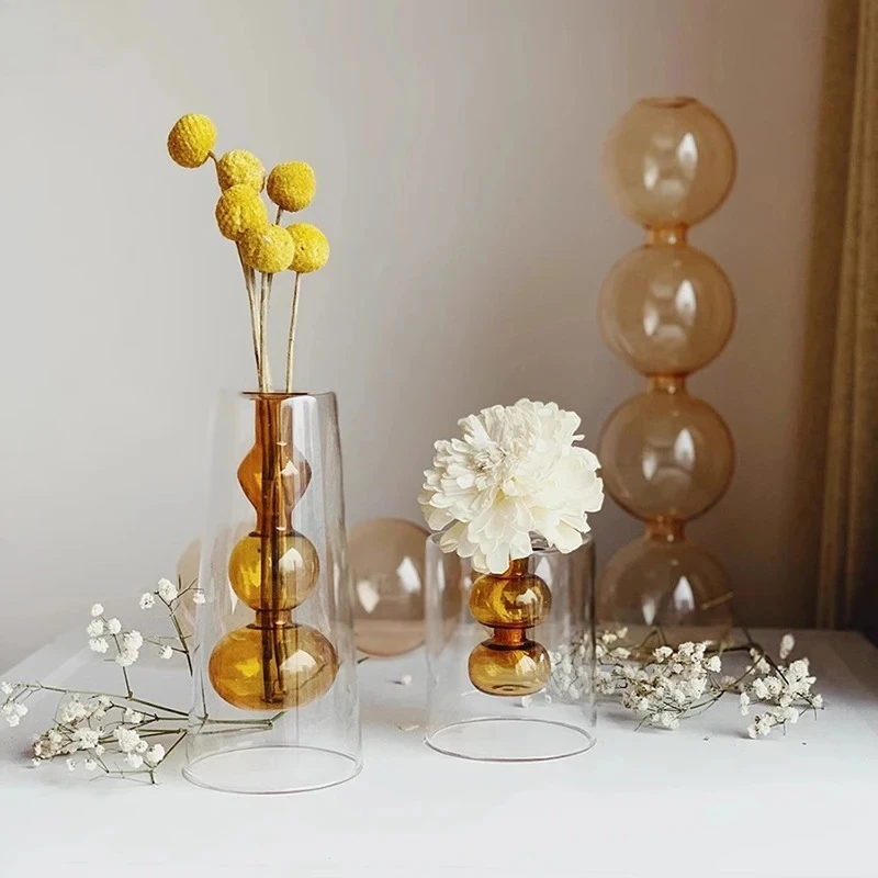 Double Layered Glass Vase Creative Flower Ware Transparent Hydroponic Vase Flower Arrangement Vase Living Room Aesthetic Decor
