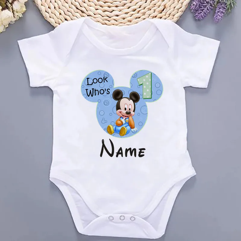 Personalized Custom Baby Name Look Who\'s 1st Birthday Baby Boy Bodysuit Mickey Mouse Infant Boy Birthday Party Clothes