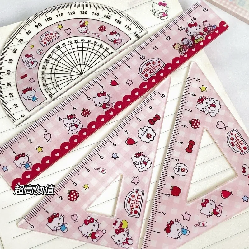 Cute Hello Kitty Print Ruler Set for Women Girls Kawaii Cartoon Measuring Tool Kit with Straight Ruler Triangle Protractor
