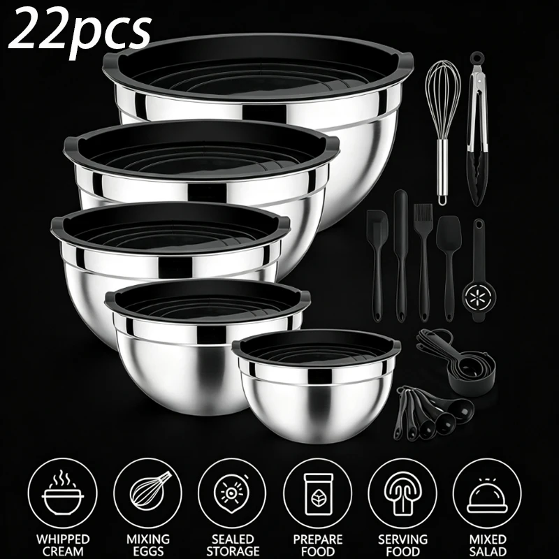 5pcs stainless steel The Mixing Bowl with lid and 17 accessories can be stacked and nested for kitchen baking.