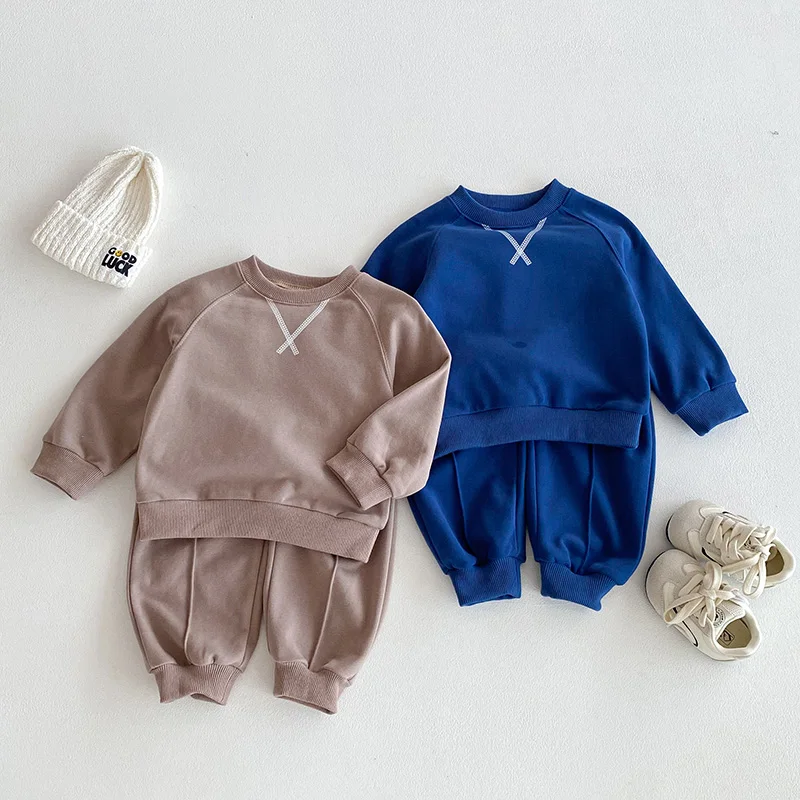 

2026 New Spring 1-6Yrs Children Clothes Set Baby Boys Girls Fashion Clothes Suit Long Sleeved Cotton Solid Color Pullover+Pants