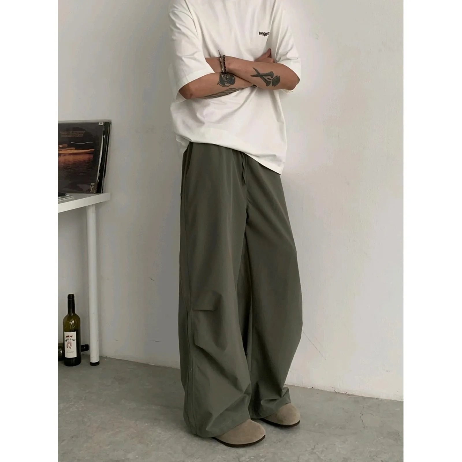 

Модные мужские однотонные винтажные повседневные модные простые базовые прямые широкие брюки-карго в японском стиле, мужские брюки, одежда