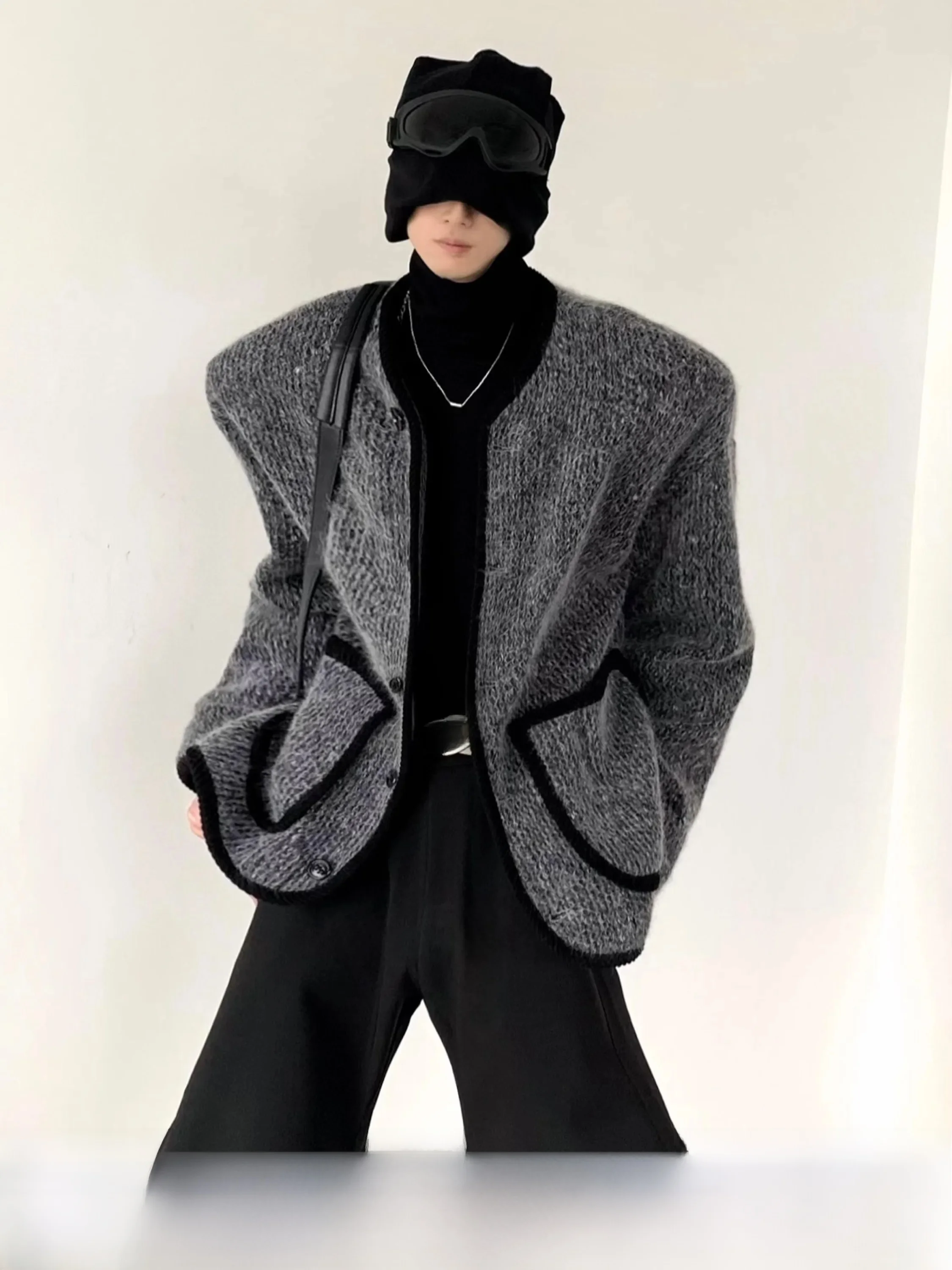 Autumn Mountain Wind Grey Men's Woolen Jacket Shoulder Padded No Collar Spring Autumn Winter Fashion Design Outerwear