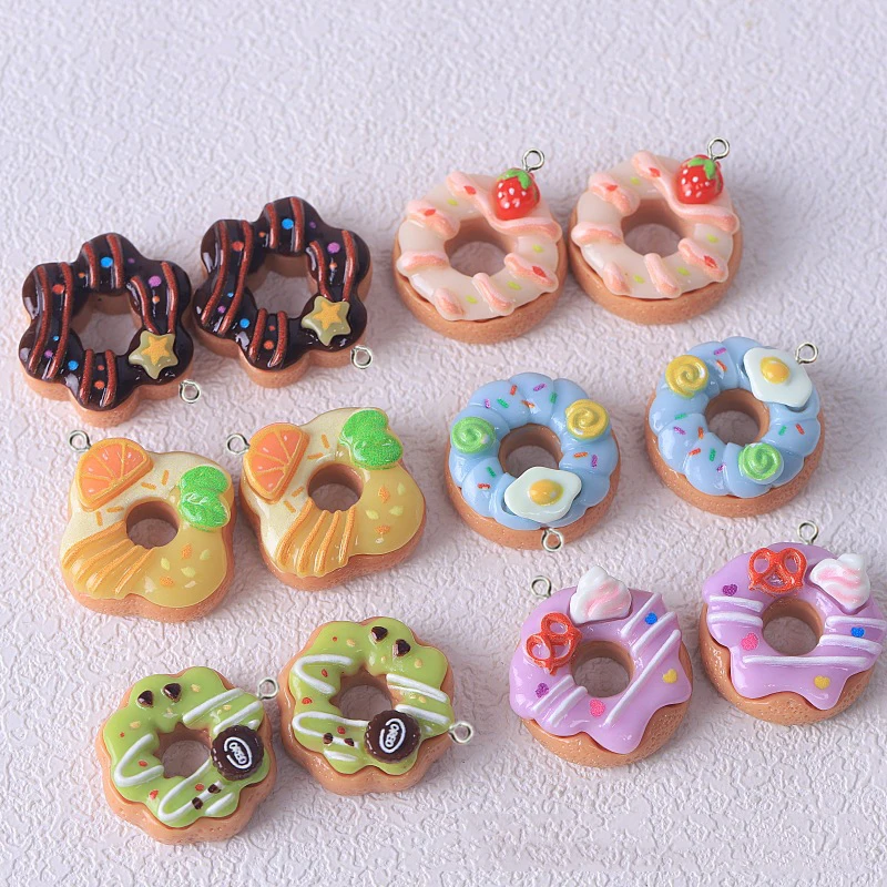 10Pcs Cute Simulation Food Donut Resin Charms Kawaii Strawberry Cake Flatback Pendants for DIY Jewelry Making Handmade Keychain