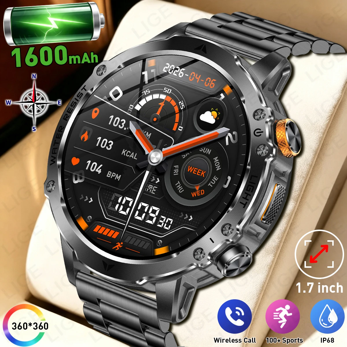 LIGE New 1600mAh Battery Military Smart Watch Men 1.7