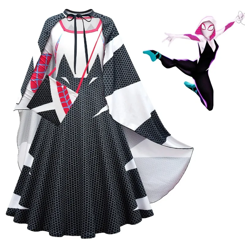 New Disney Spider Man Spider Gwen Children Cosplay Party Costumes Cartoon Dress Girls Long Sleeve Cloak Two-Piece Clothes Set