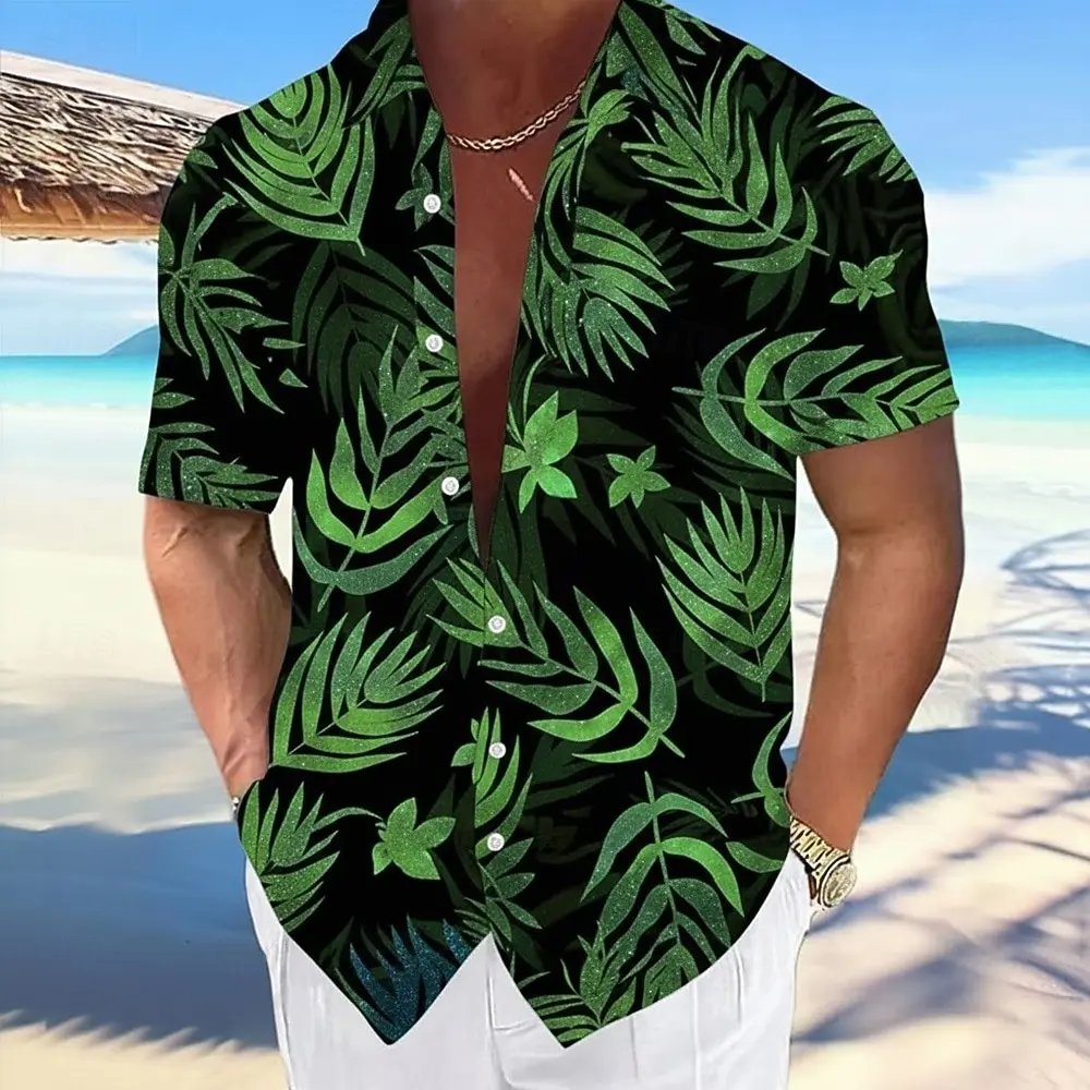 New Summer Men's Leaves, Tropical Plants, Neon Lights, Printed Short Sleeves, Vacation Beach Wear