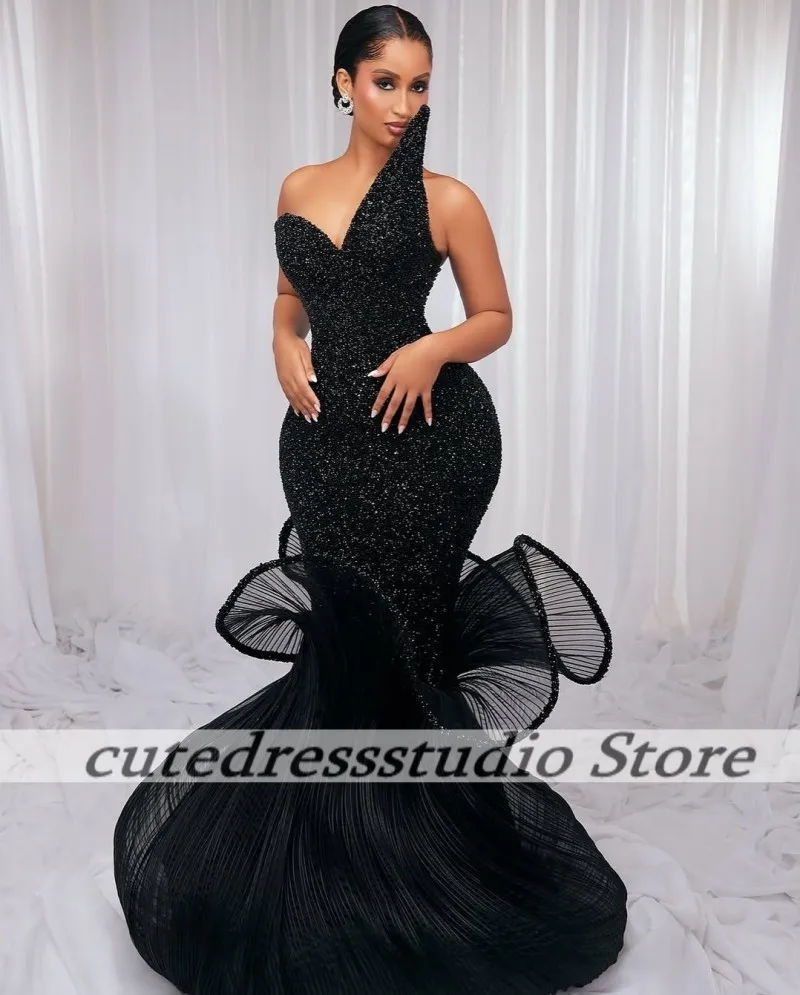 Black Modern Prom Dress African Girls Mermaid Sleeveless Shinny Sequined Beaded Formal Evening Party Dresses Customized