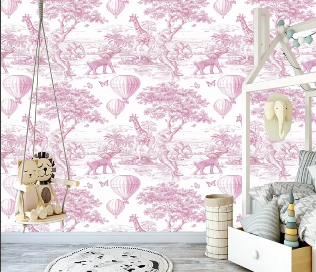Custom Children's room wall wallpaper Animals elephants pink giraffes hot air balloons wallpapers for living room 3d wallpaper