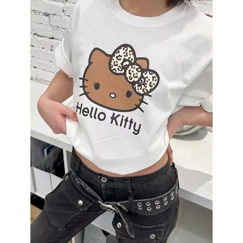 

Женская футболка Sanrio Hello Kitty с короткими рукавами из чесаного хлопка, летняя, в японском стиле Y2K, с леопардовым принтом, круглым вырезом, облегающего кроя.