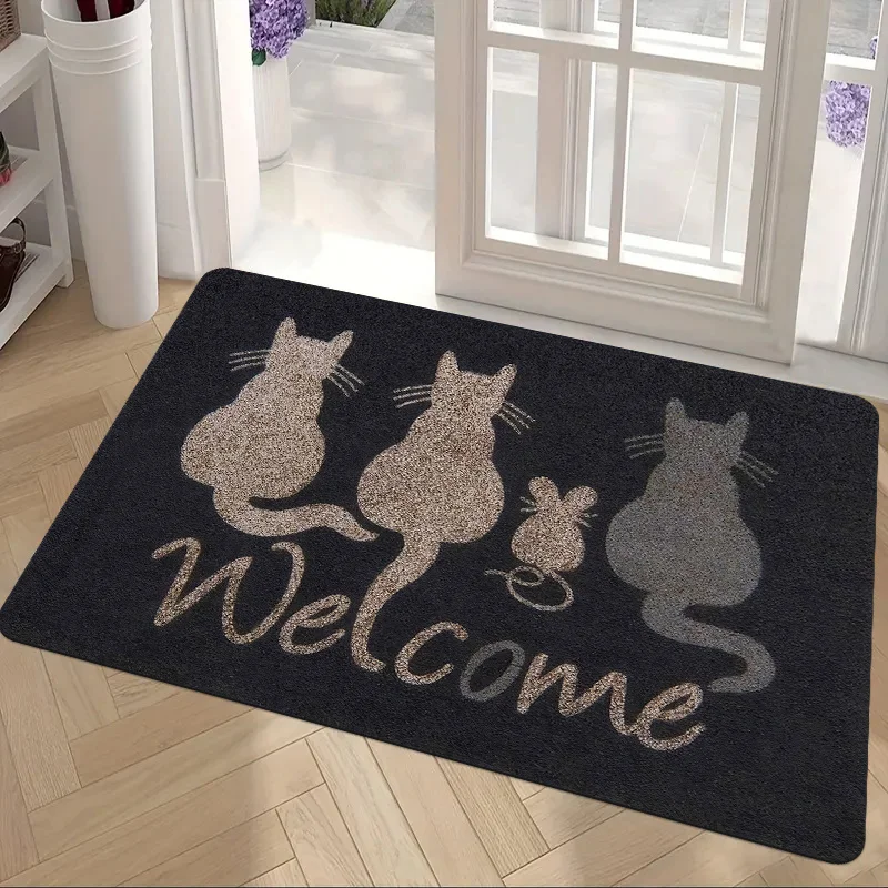 1pcs Cat Theme Welcome Doormat, Multiple Cats and Mouse Retro Simple Elements Pattern Printed Mat - For Living Room