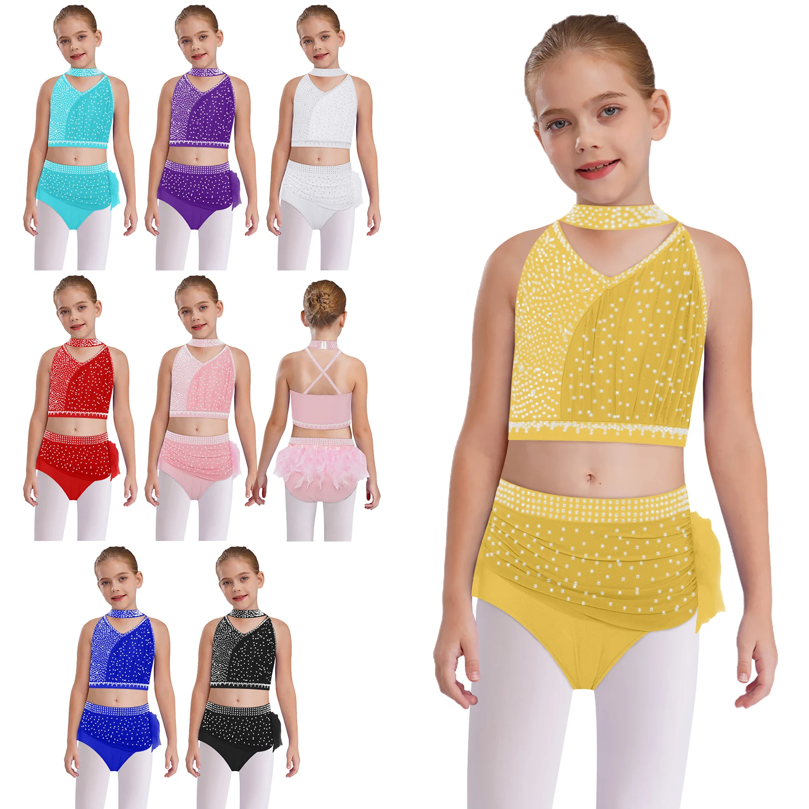 Ensembles de danse de Ballet pour enfants filles, Costume de spectacle lyrique, dos croisé, strass, haut court froncé avec slip en plumes, jupe